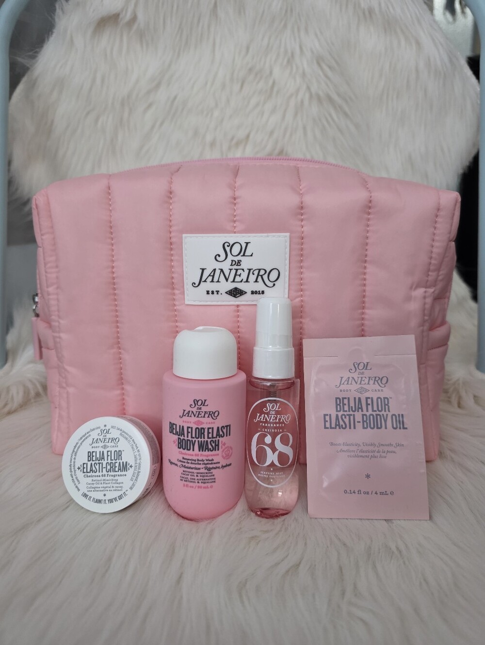 Sol de Janeiro Pink Quilted Makeup Bag with Beija Flor Cheroisa 68 Travel Kit